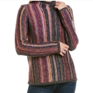 ecru Vertical Striped Multicolor  High Neck Sweater Womens Large